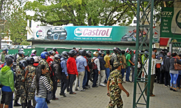 People queuing up at Nepal Army's Petrol Pump to fill fuel in their vehicles.
