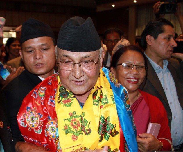 CPN-UML chairperson Oli after filing his nomination for the post of Prime Minister. 