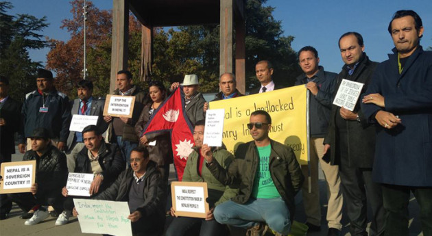 Lamichhane participating in a protest program organized in Geneva against India's blockade to Nepal.