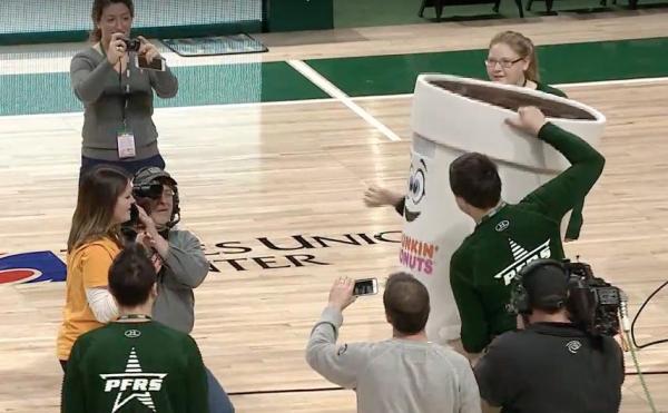 Woman-hits-half-court-shot-gets-proposal-from-Dunkin-Donuts-mascot